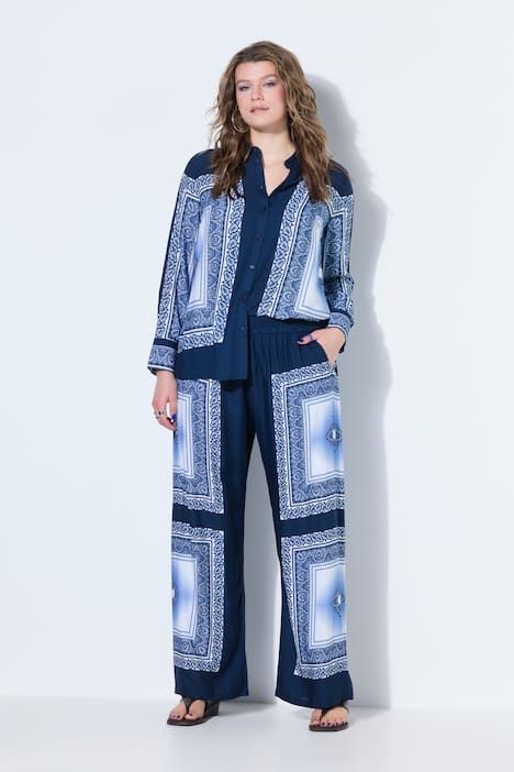 Pantalon jambes larges, taille haute, imprimé foulard