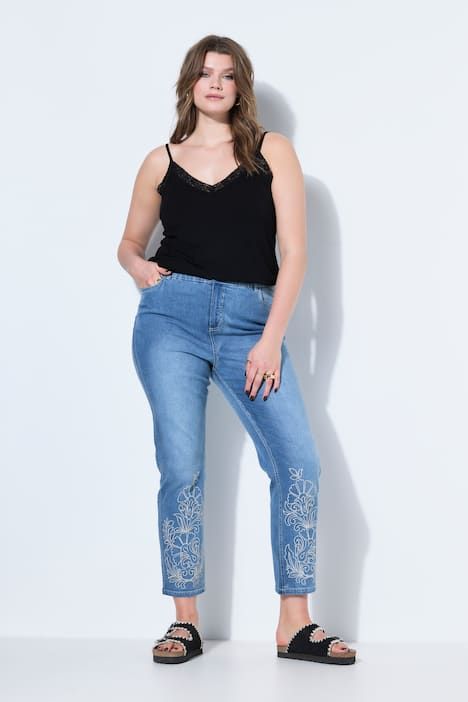 Jean Mom, broderie à l'ourlet, 5 poches