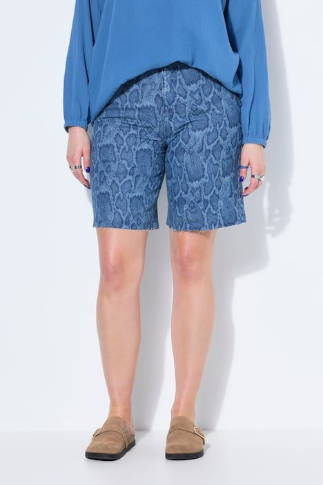Short en jean, jambes larges, taille haute, motif serpent, 5 poches