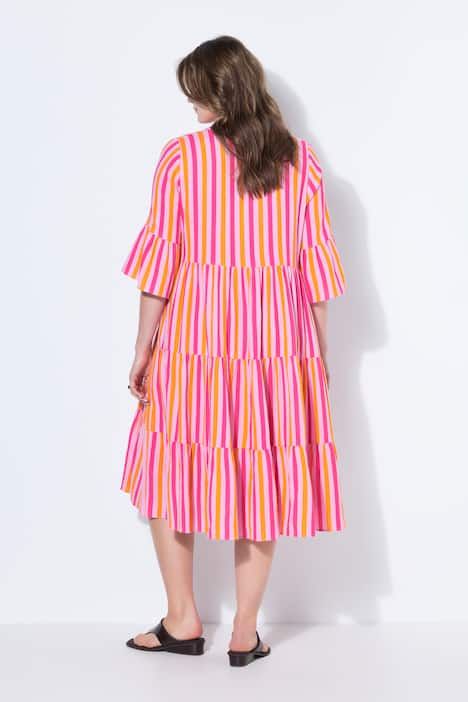 Robe longue, coupe trapèze, mousseline, rayures, volants