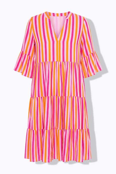 Robe longue, coupe trapèze, mousseline, rayures, volants