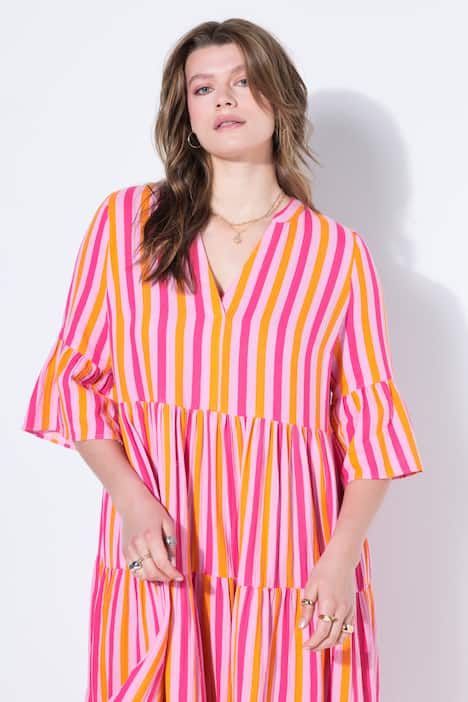 Robe longue, coupe trapèze, mousseline, rayures, volants