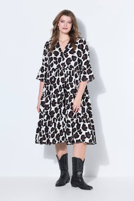 Robe longue évasée en mousseline léopard à volants