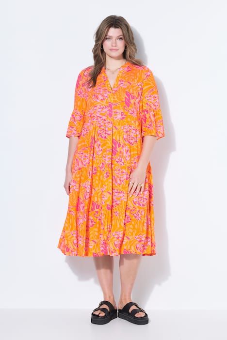 Robe longue évasée, imprimé feuilles, volants