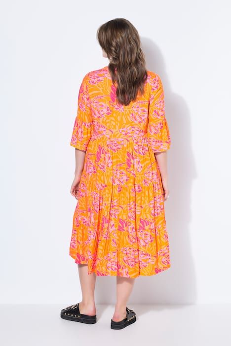 Robe longue évasée, imprimé feuilles, volants