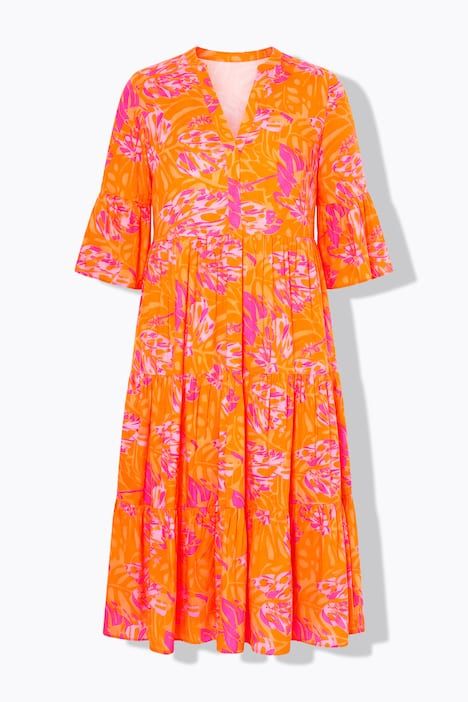 Robe longue évasée, imprimé feuilles, volants