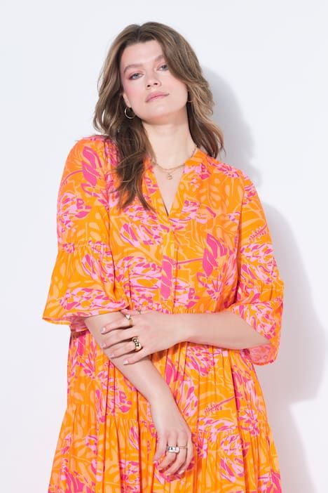 Robe longue évasée, imprimé feuilles, volants