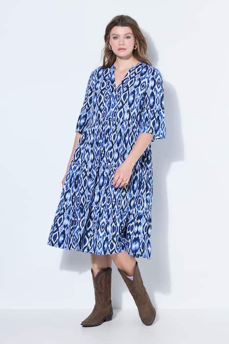 Robe longue évasée, motif losanges, volants