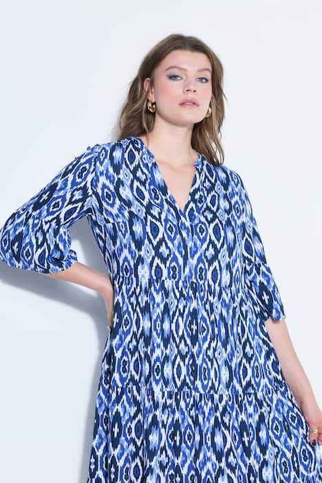 Robe longue évasée, motif losanges, volants