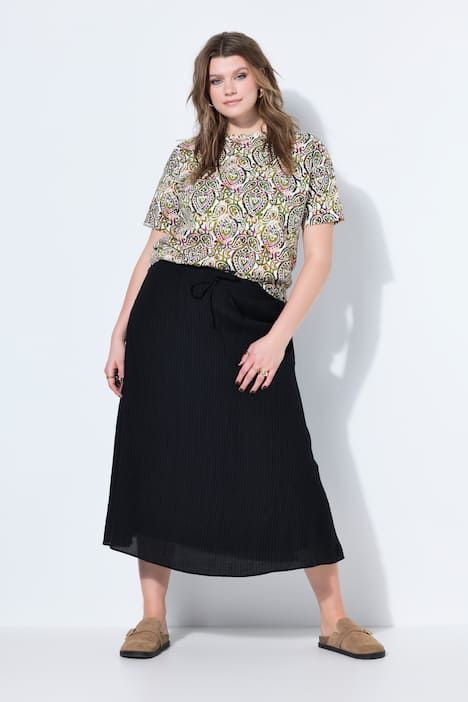 Jupe longue évasée texturée, taille élastiquée