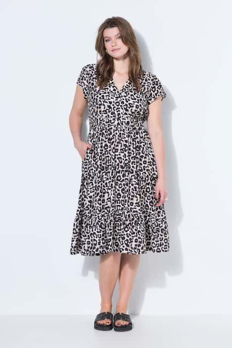 Robe midi évasée léopard, taille élastiquée, volant au bas