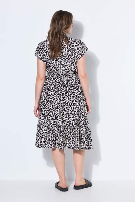 Robe midi évasée léopard, taille élastiquée, volant au bas