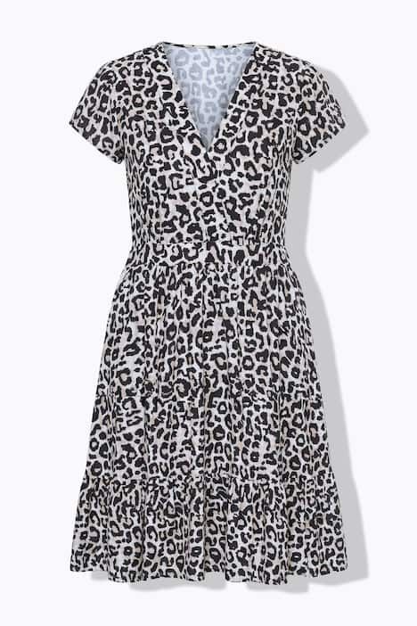 Robe midi évasée léopard, taille élastiquée, volant au bas