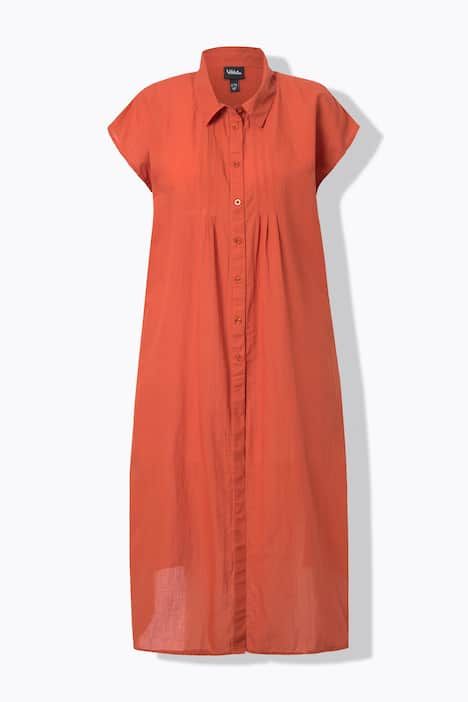 Chemisier long à manches courtes, col chemise et plis fantaisie, coupe évasée