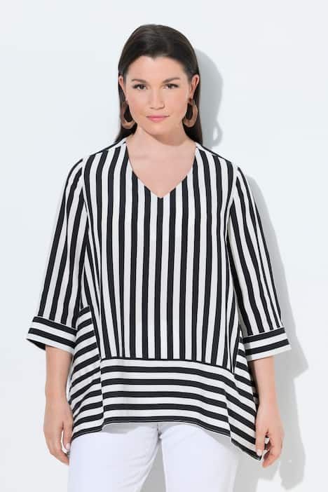 Blouse en Lyocell à rayures, décolleté en V et manches 3/4, base se terminant en pointe de chaque côté