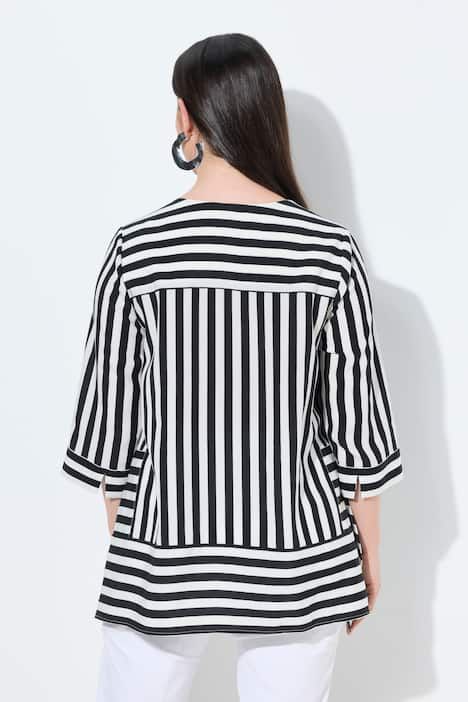 Blouse en Lyocell à rayures, décolleté en V et manches 3/4, base se terminant en pointe de chaque côté