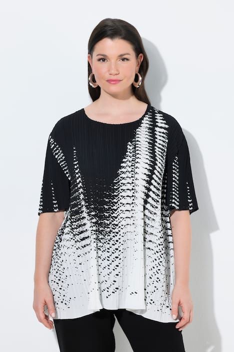 Blouse plissée avec imprimé, décolleté rond et manches courtes, coupe évasée