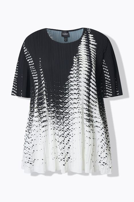 Blouse plissée avec imprimé, décolleté rond et manches courtes, coupe évasée