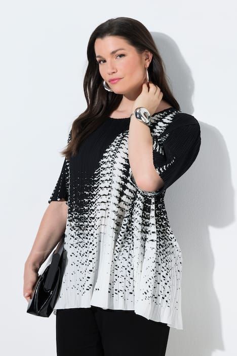 Blouse plissée avec imprimé, décolleté rond et manches courtes, coupe évasée