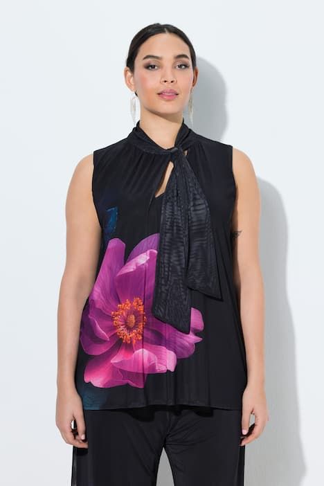 Blouse doublée sans manches, col montant et motif floral, coupe évasée