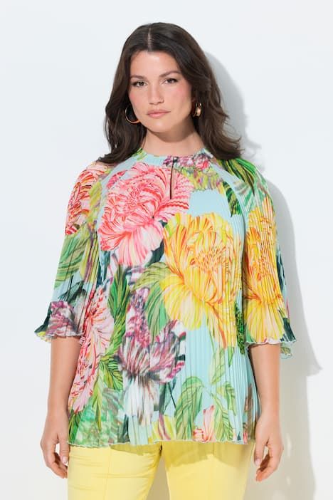 Blouse plissée motif floral, décolleté rond et manches 3/4, coupe évasée