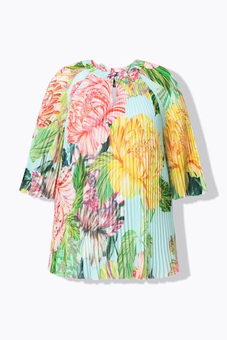 Blouse plissée motif floral, décolleté rond et manches 3/4, coupe évasée