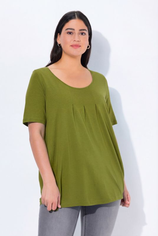 T-shirt en modal. Plis fantaisie, col rond et manches courtes. Coupe évasée