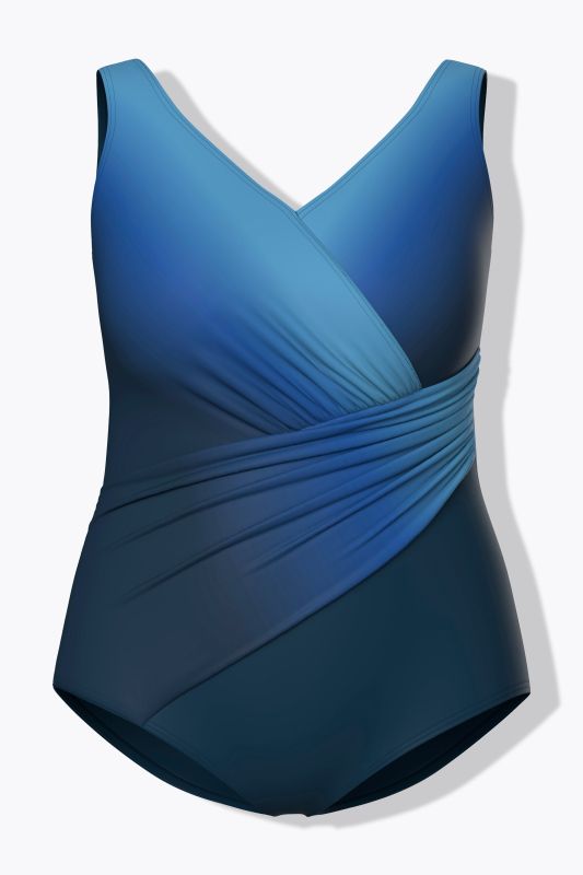 Maillot de bain avec dégradé de couleurs. Drapés et bonnets souples. Matière recyclée