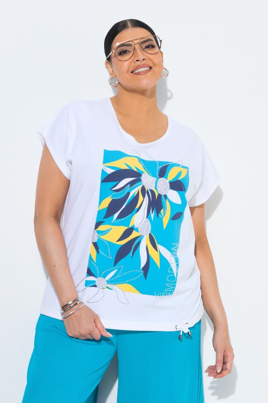 T-shirt oversize, motif feuilles, décolleté rond et manches courtes, cordon coulissant