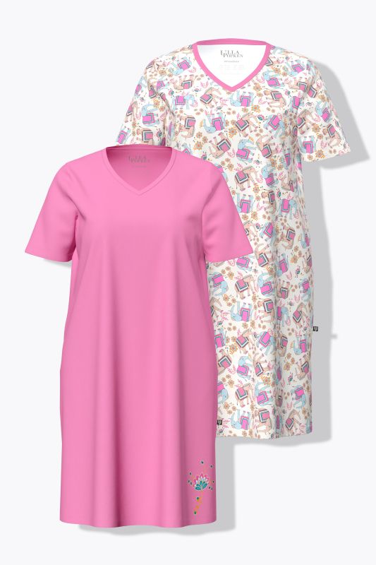 Lot de chemises de nuit / grands T-shirts, motif fleur / éléphants, décolleté en V et manches courtes