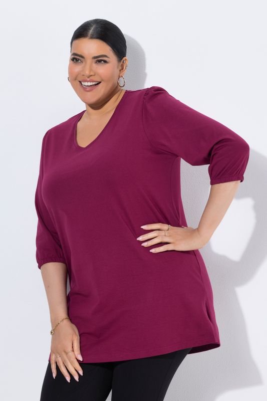 T-shirt long, décolleté en V et manches 3/4 bouffantes