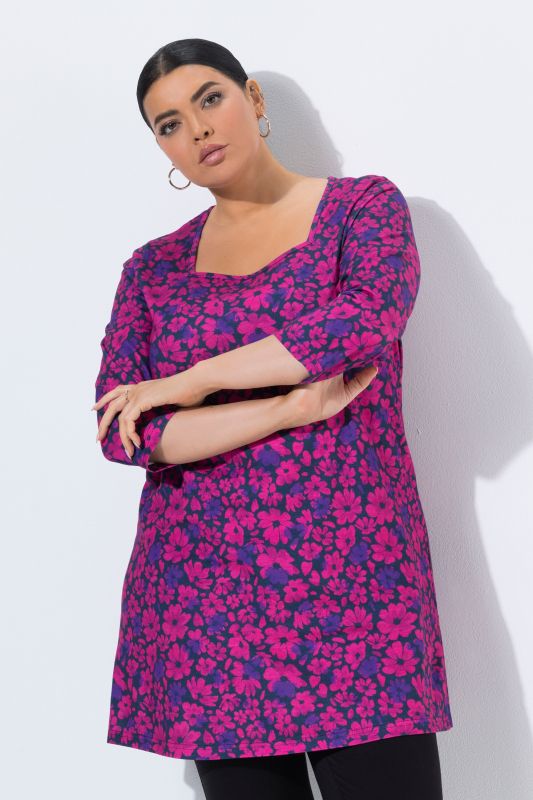 T-shirt long motif à fleurs, décolleté carré et manches 3/4