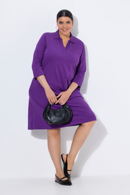 Robe en jersey avec poches, coupe évasée, col chemise et manches 3/4