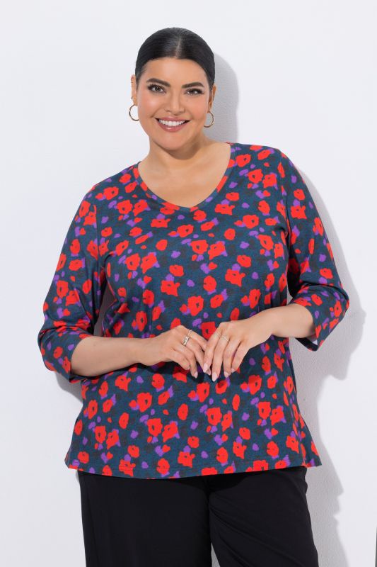 T-shirt motif floral, décolleté en V et manches 3/4
