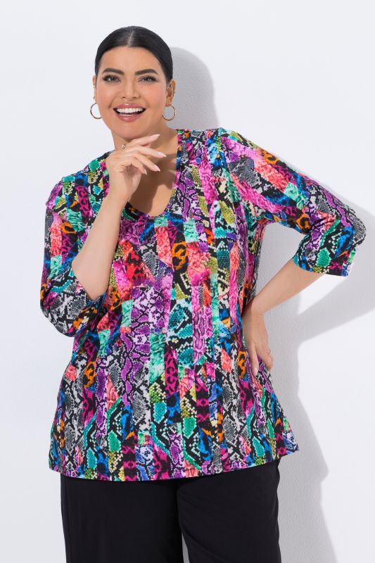 T-shirt long motif peau de serpent, décolleté en V et manches 3/4