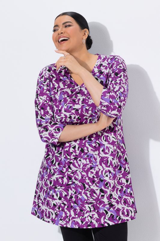 T-shirt long imprimé graphique, décolleté en V et manches 3/4