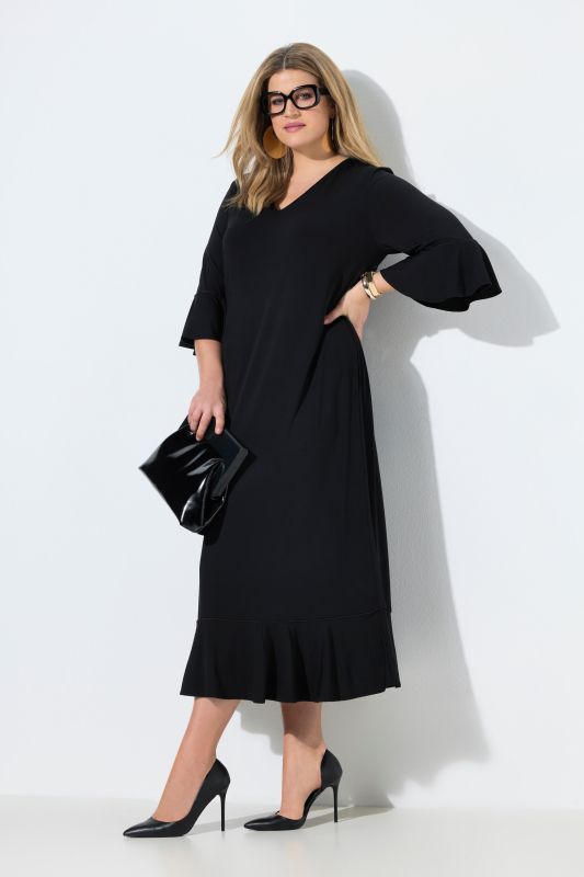 Robe maxi avec volants, coupe évasée, décolleté en V et manches 3/4