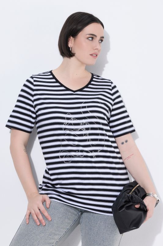 T-shirt à rayures avec motif aux reflets métalliques, décolleté en V et manches courtes