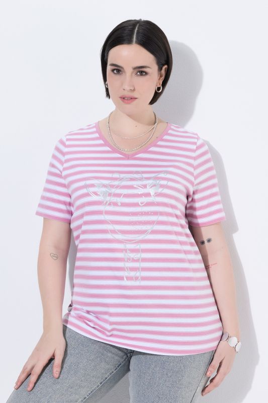 T-shirt à rayures avec motif aux reflets métalliques, décolleté en V et manches courtes