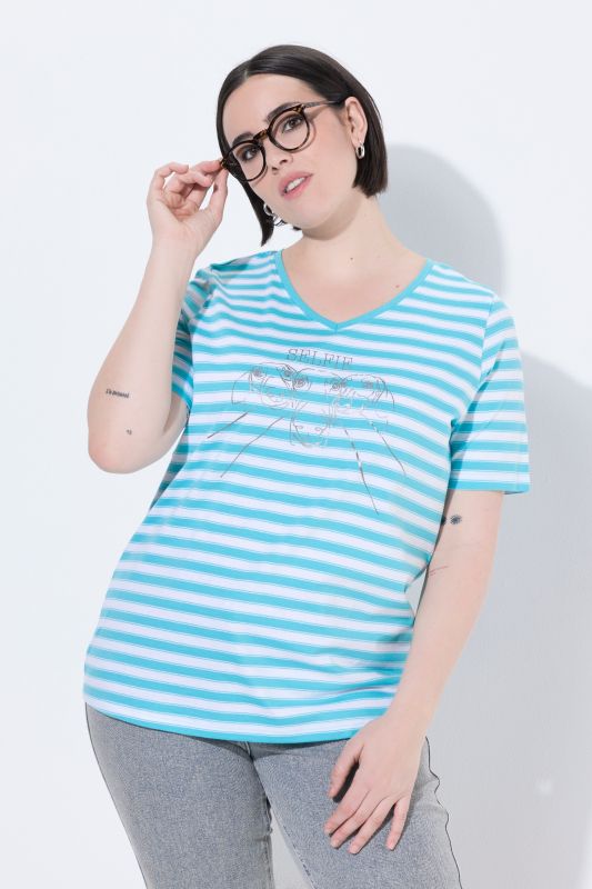 T-shirt à rayures avec motif aux reflets métalliques, décolleté en V et manches courtes