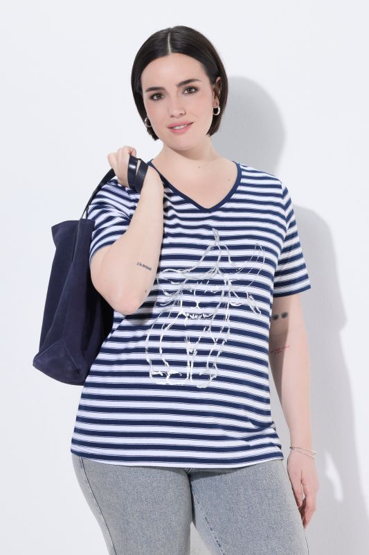 T-shirt à rayures avec motif aux reflets métalliques, décolleté en V et manches courtes