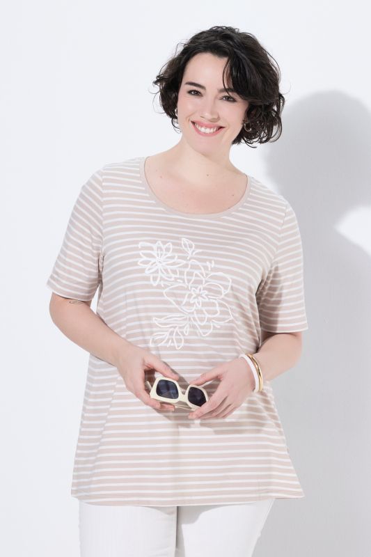 T-shirt rayé avec broderies, décolleté rond et manches courtes, coupe évasée