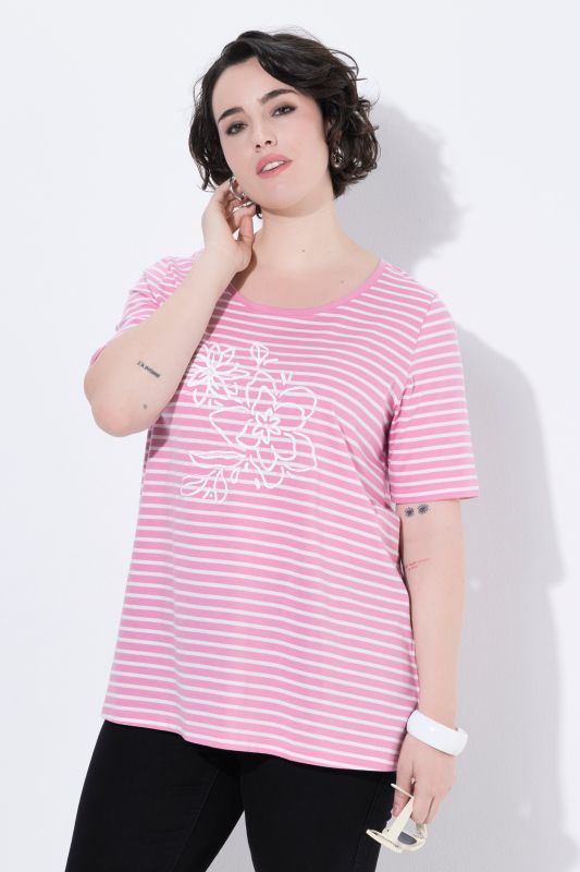 T-shirt rayé avec broderies, décolleté rond et manches courtes, coupe évasée
