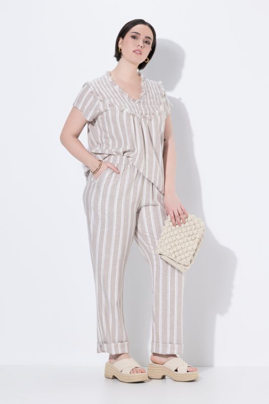 Pantalon Ruby en lin rayé, jambe droite et taille élastique