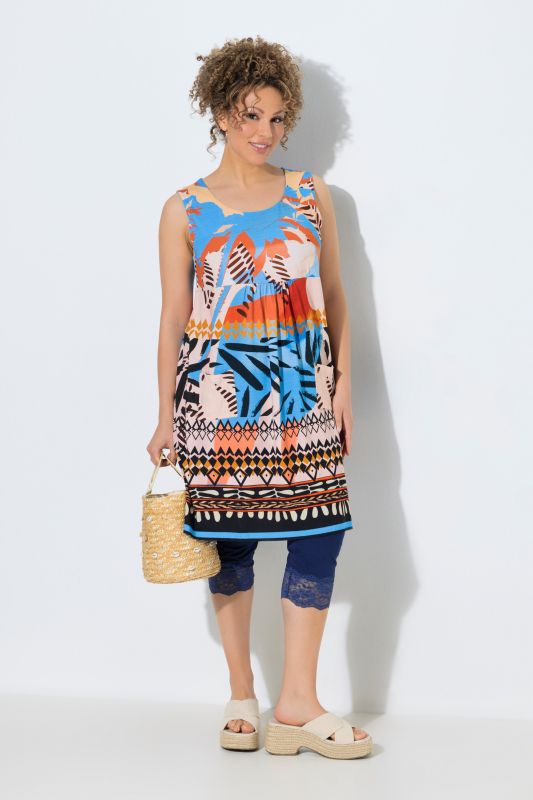 Robe sans manches en jersey, jeux de motifs et décolleté rond, coupe évasée