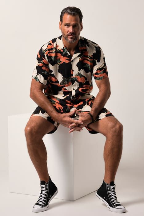 Chemise JP 1880 en viscose imprimé all-over, manches courtes, col cubain et coupe Cuba-Fit - jusqu'au 8 XL