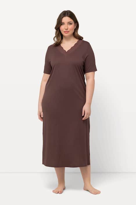 Chemise de nuit en modal mélangé, manches courtes et broderies ajourées