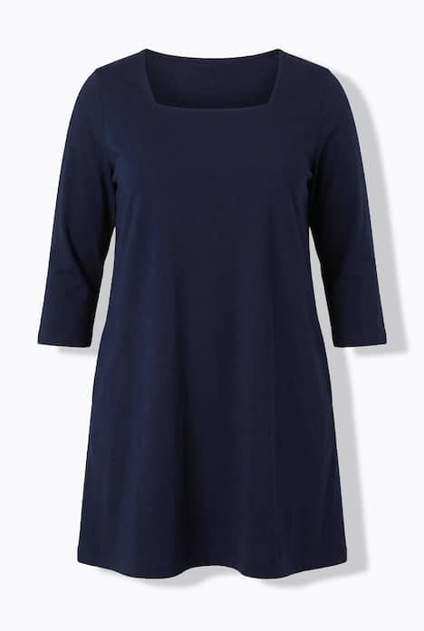 T-shirt long, coupé évasée, décolleté carré et manches 3/4