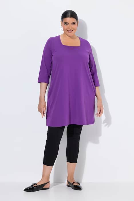 T-shirt long, coupé évasée, décolleté carré et manches 3/4