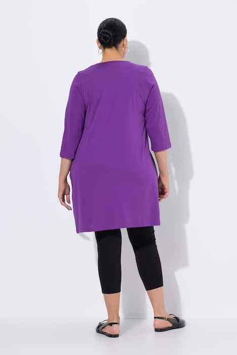 T-shirt long, coupé évasée, décolleté carré et manches 3/4